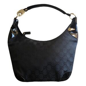 Gucci GG Canvas and Patent Leather Hobo Black Gold Hardware